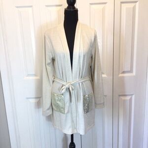Daisy Fuentes Womens Tan Sequin Pocket Belted Cardigan Sweater Size Medium